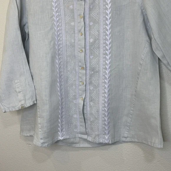 Wrap Top Womens Size US 12 Gray Linen Embroidered Front Button Front 3/4 Sleeve - Picture 4 of 8